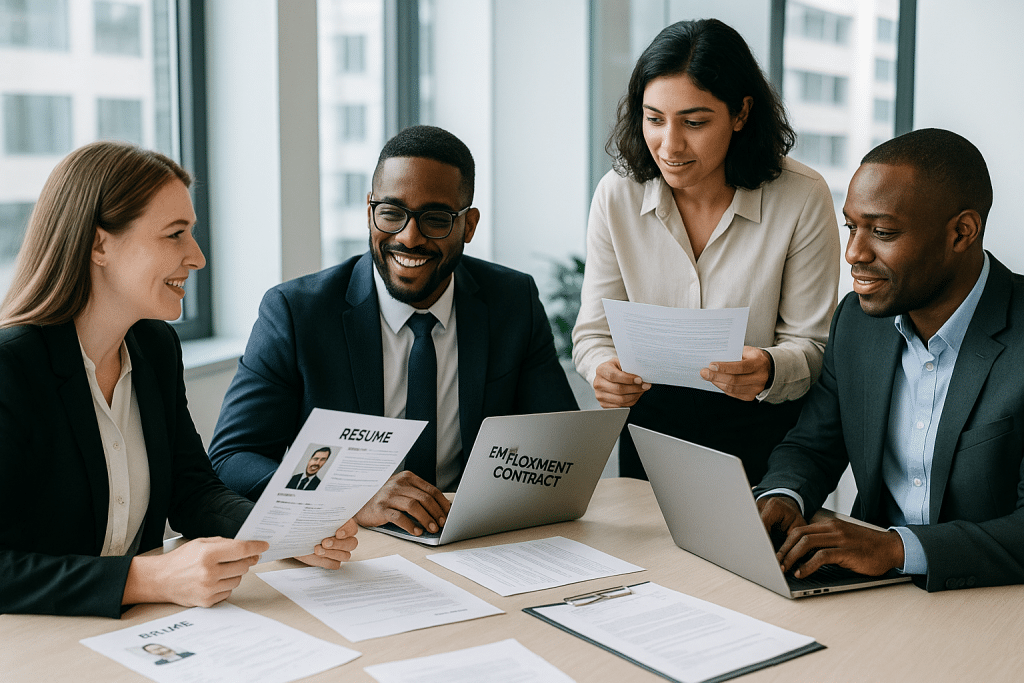 Minősített munkaerő-kölcsönző cég szakértői csapat munkaerő-toborzáson modern irodában