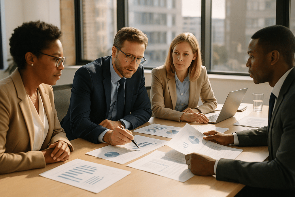 Diverz üzleti csapat munkaerő-tervezési megbeszélésen modern irodában.