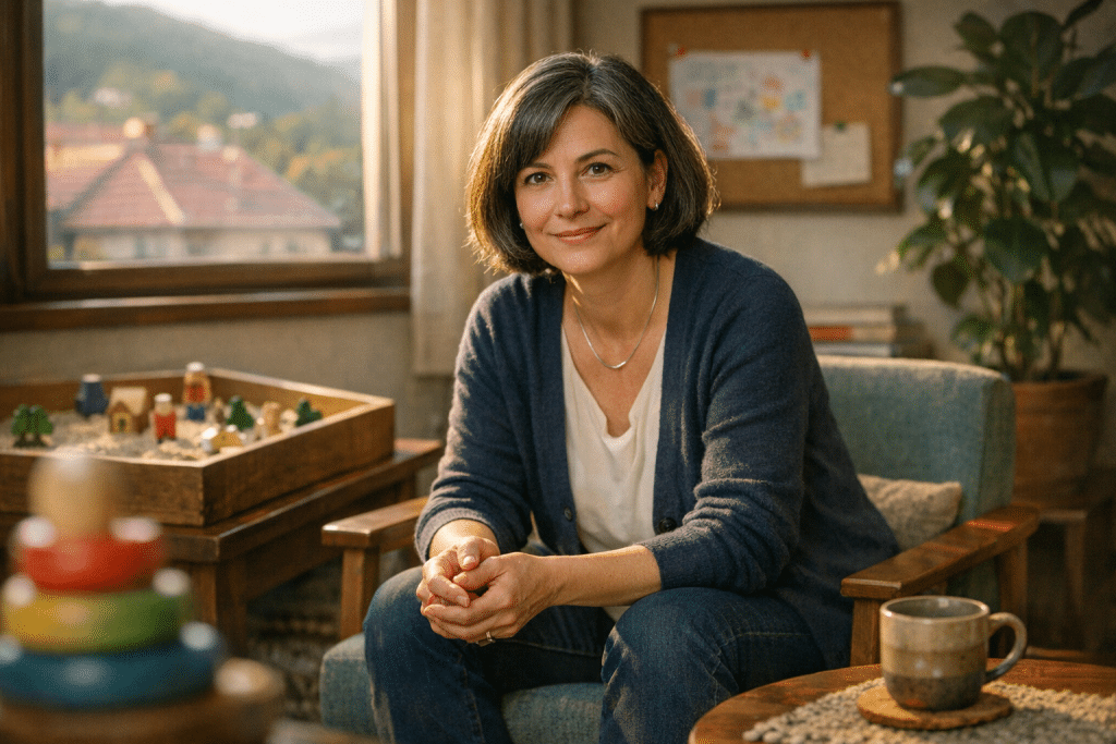 2. kerületi pszichológus ül egy meleg, otthonos terápiás szobában.