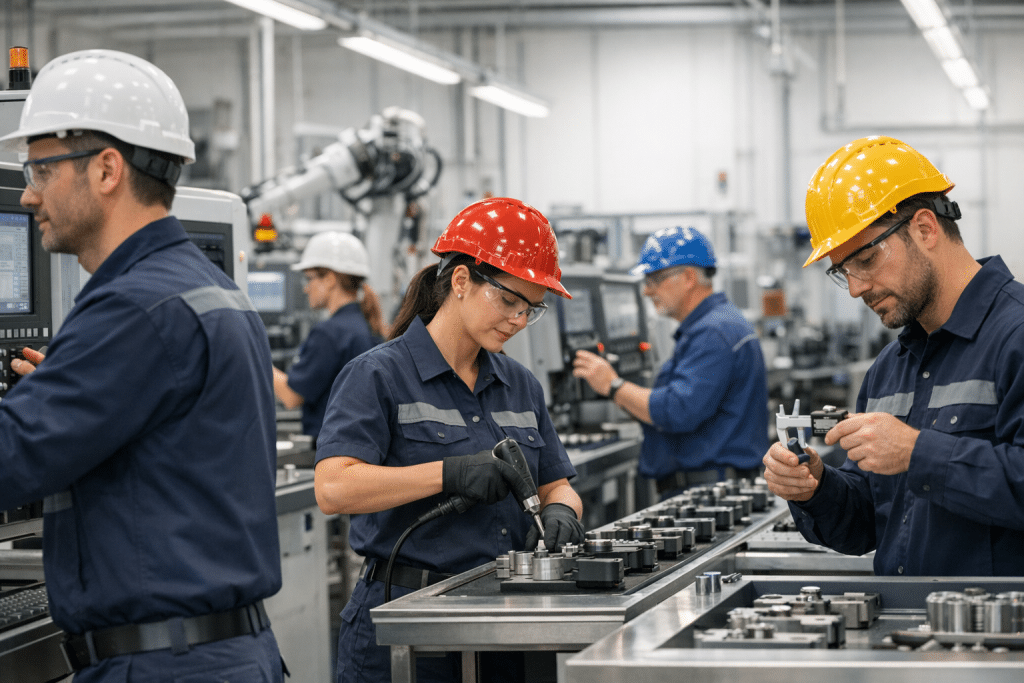 Gyári állások – modern magyar gyárban dolgozó munkások biztonsági felszerelésben
