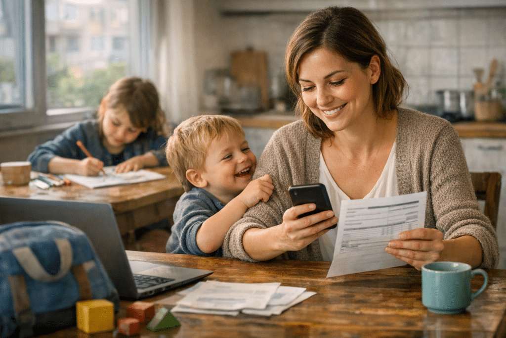kétgyermekes anyák SZJA-mentessége 40 év alatt, mosolygó anya otthoni asztalnál