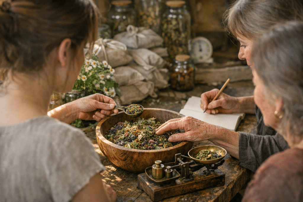 női egészség – kézzel kevert gyógynövény-tea napsütötte vidéki műhelyben