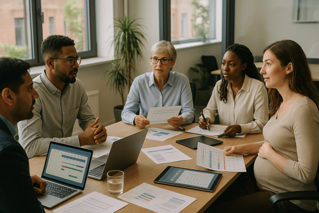 HR-megbeszélés a szülési szabadság és munkavállalói jogok tervezéséről modern irodában