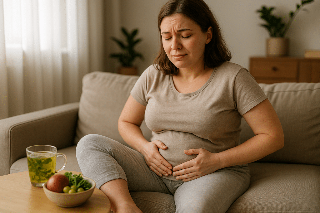 Fiatal nő enyhe haspuffadással és vizesedéssel, természetes környezetben.