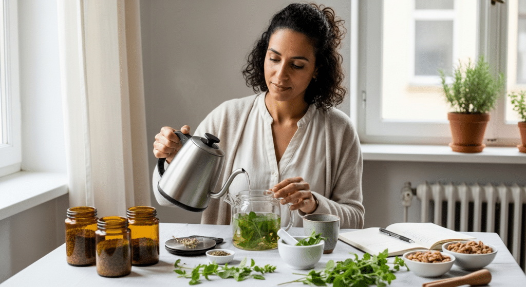 Nő teát készít, természetes gyógymódok és gyógynövények az asztalon
