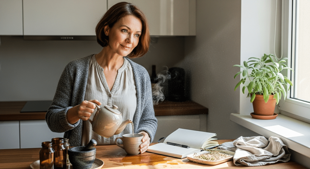 Középkorú nő gyógynövényes teát önt, változókori tünetek enyhítése