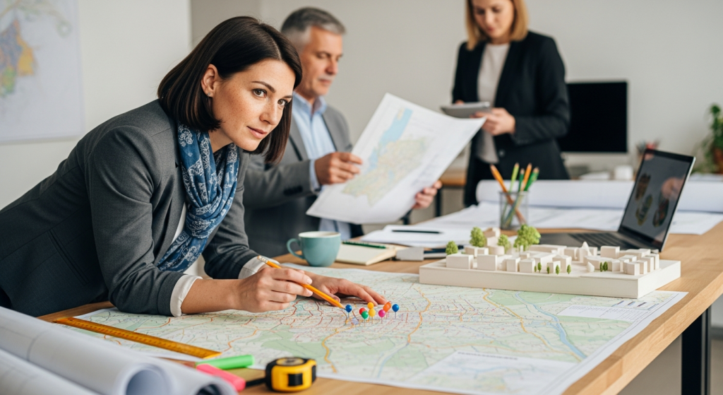 Tervezőnő mutat térképen és városközpont modellen, komplex városfejlesztési elképzelések