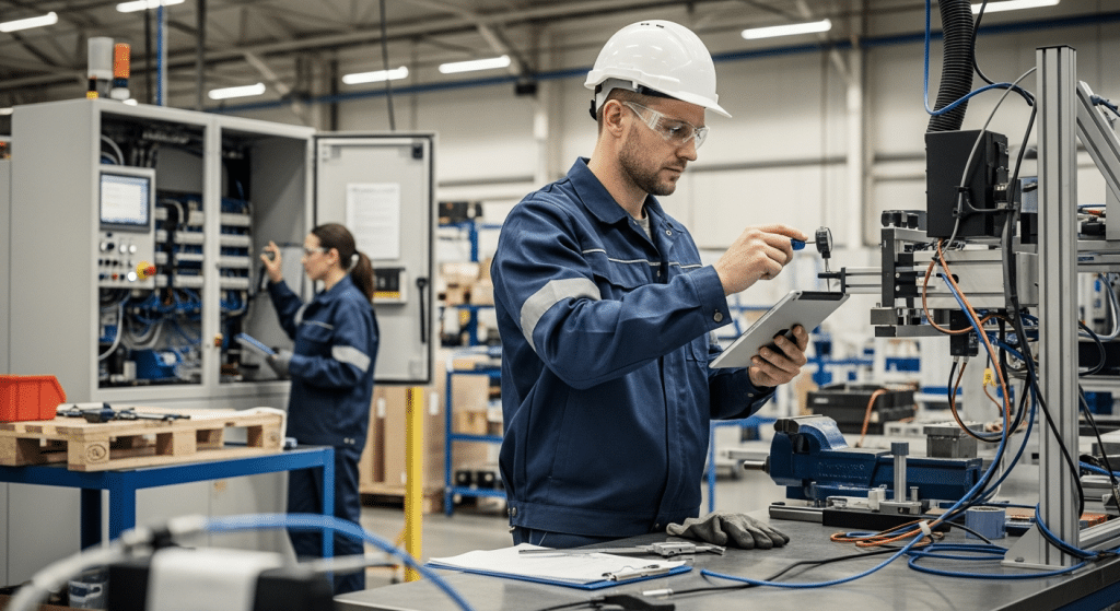 Automatizálási mérnök finomhangolja gépet technológiai gépek beüzemelése közben